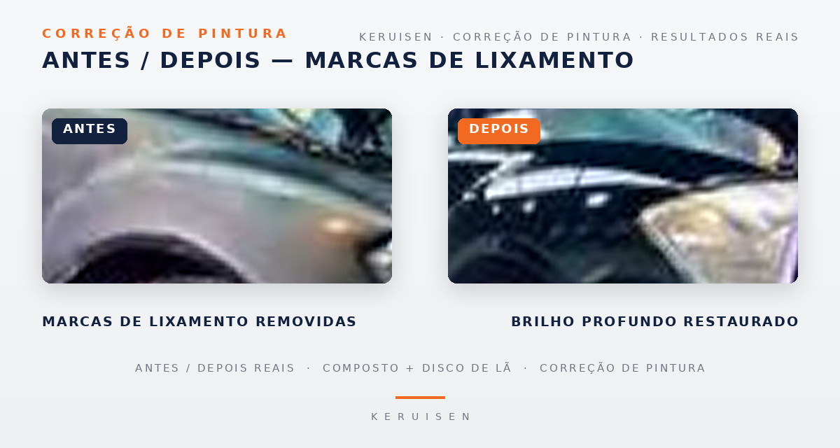 Antes e depois do polimento: marcas de lixamento removidas